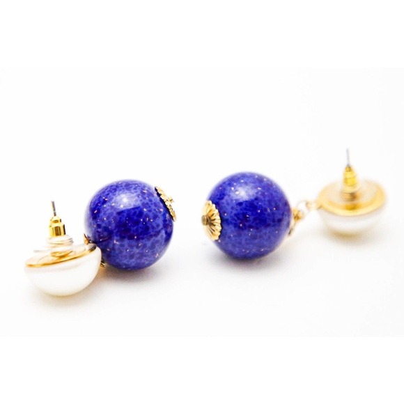 Vintage Faux Lapis Lazuli And Pearl Earrings Large Statement Drop & Dangle 1.75” - Picture 4 of 4